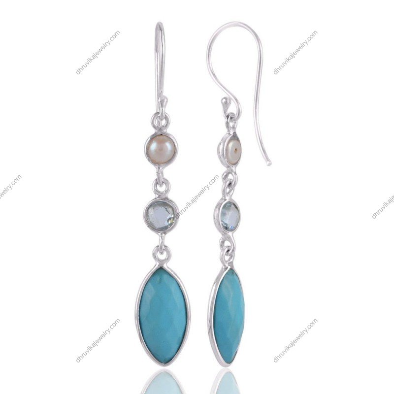 Elegant silver dangle earrings with turquoise, pearls, and gemstones in sterling silver view1