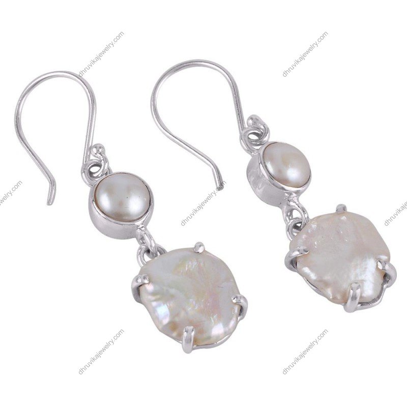 Sterling silver pearl dangle earrings with freshwater pearls, elegant drop style alternate image