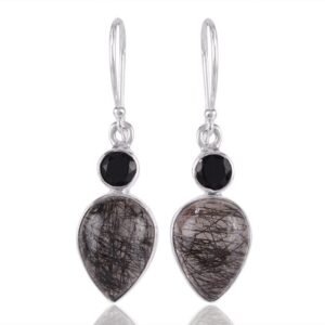 Silver earrings with black rutile quartz and onyx in sterling silver setting main view