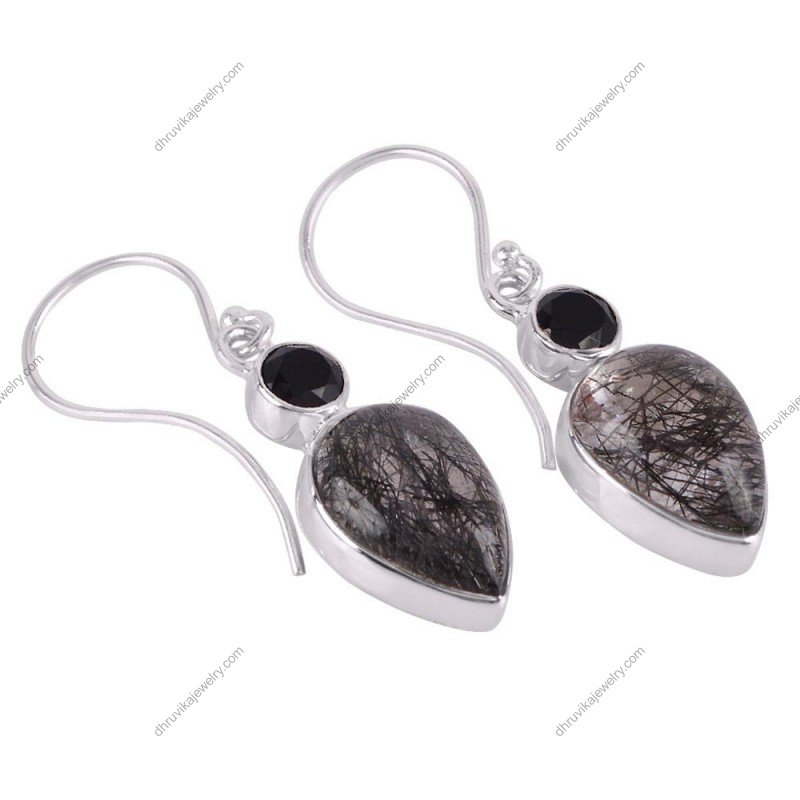 Silver earrings with black rutile quartz and onyx in sterling silver setting alternate image