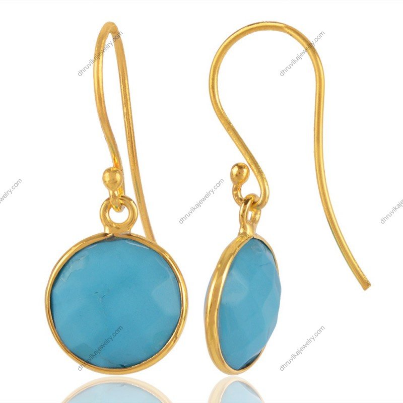 Elegant turquoise dangle earrings in gold-plated silver with round gemstones view1