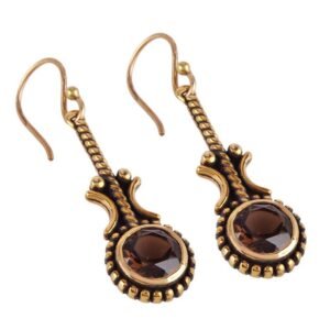 Vintage-inspired silver guitar earrings with smoky quartz gemstone, perfect for musicians and jewelry lovers main view