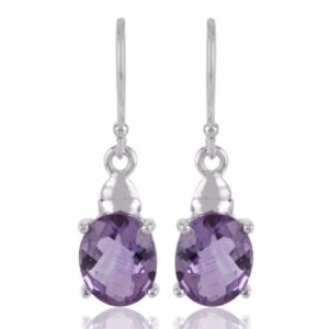 Silver amethyst dangle earrings with oval-cut gemstones in sterling silver main view