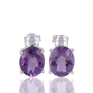 Sterling silver amethyst stud earrings with oval-cut gemstones, set in a timeless silver design main view