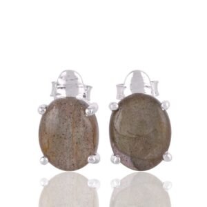 Elegant silver labradorite stud earrings with oval-cut natural stones in sterling silver setting main view