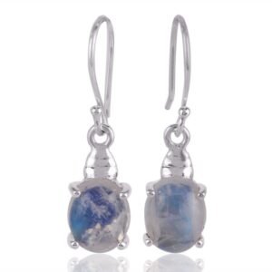 Sterling silver moonstone dangle earrings with oval gemstone and handcrafted silver setting main view