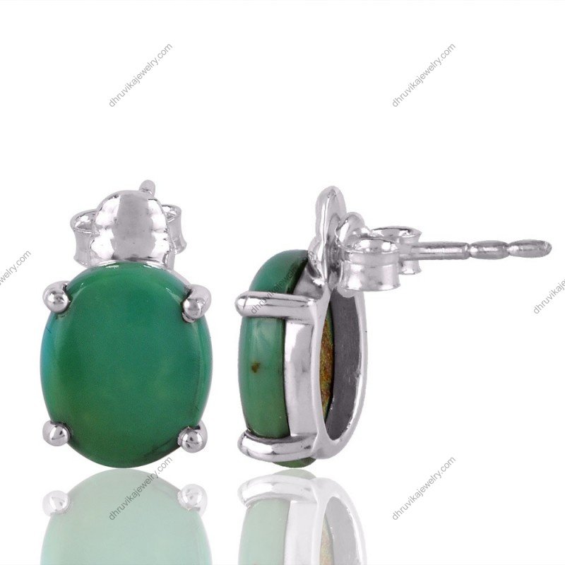 Sterling silver green turquoise stud earrings with oval gemstone in prong setting alternate image