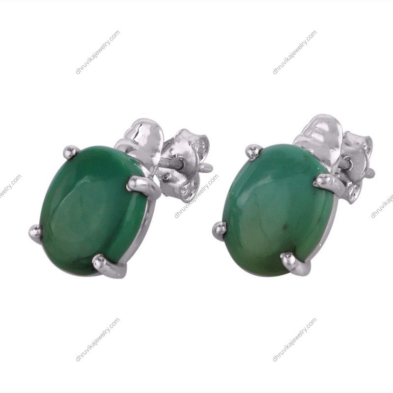 Sterling silver green turquoise stud earrings with oval gemstone in prong setting view1