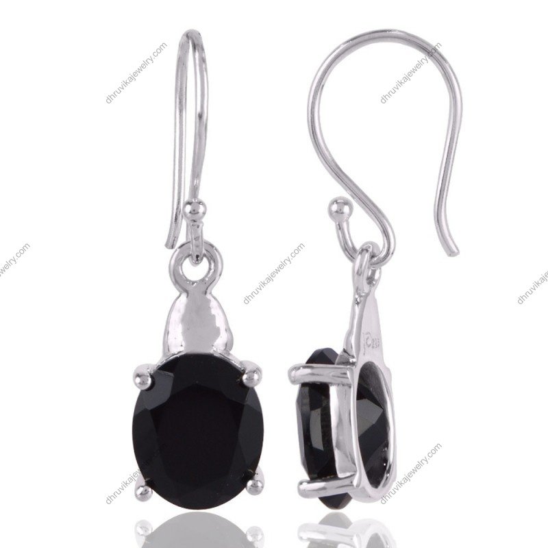 black onyx sterling silver drop earrings with hook closure view1