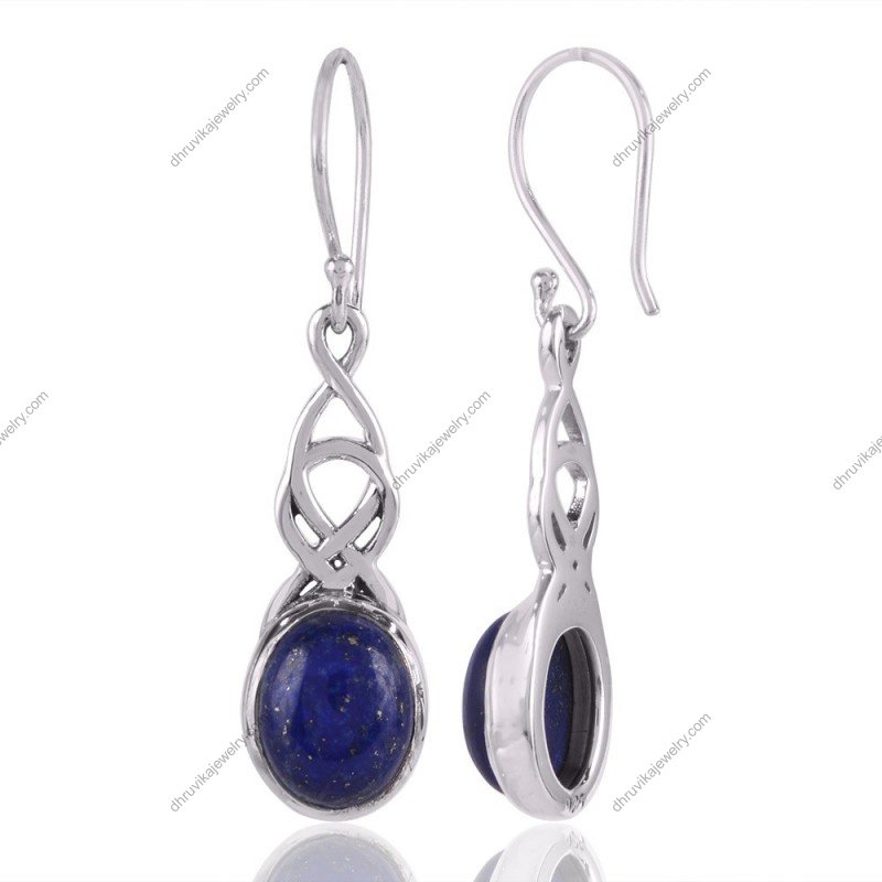Sterling silver Celtic knot lapis lazuli dangle earrings with deep blue gemstones view1