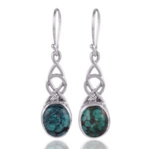 Sterling silver turquoise dangle earrings with Celtic design and oval gemstones main view