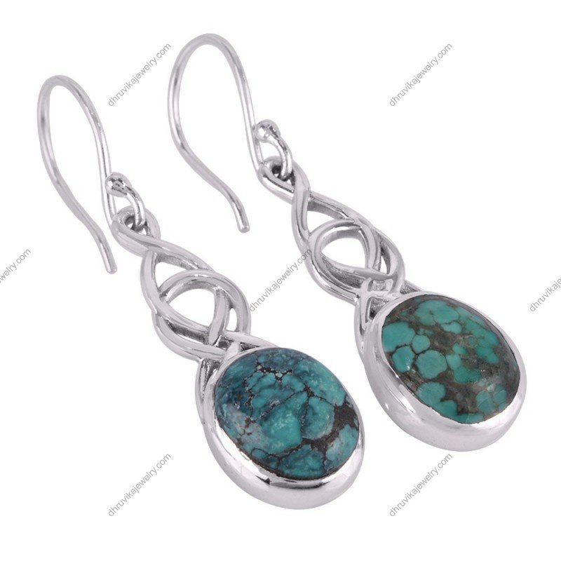 Sterling silver turquoise dangle earrings with Celtic design and oval gemstones alternate image