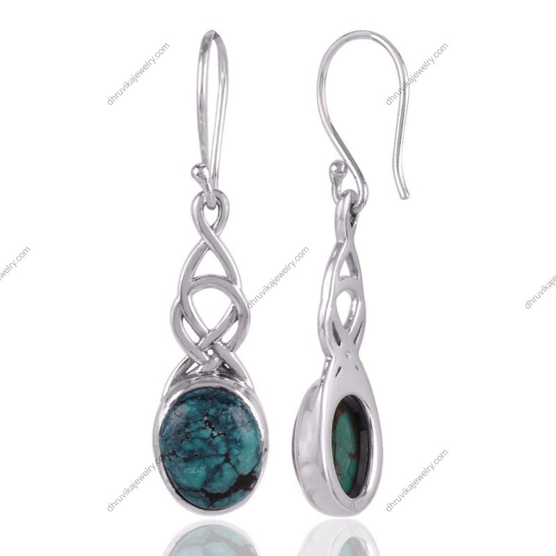 Sterling silver turquoise dangle earrings with Celtic design and oval gemstones view1