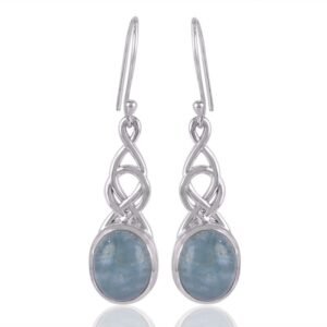 Sterling silver Celtic knot aquamarine dangle earrings with oval blue gemstones main view