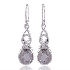 Silver dangle earrings with oval gemstone and Celtic design main view