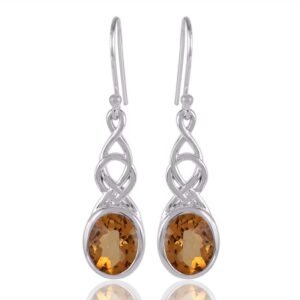 Sterling silver Celtic knot earrings with oval citrine gemstones, elegant and handcrafted. main view