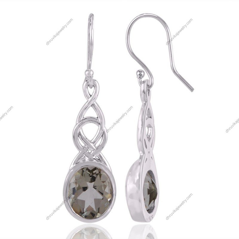 Elegant Green Amethyst Sterling Silver Drop Earrings with Oval-Cut Gemstones view1
