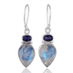 Iolite and Rainbow Moonstone dangle earrings in sterling silver main view