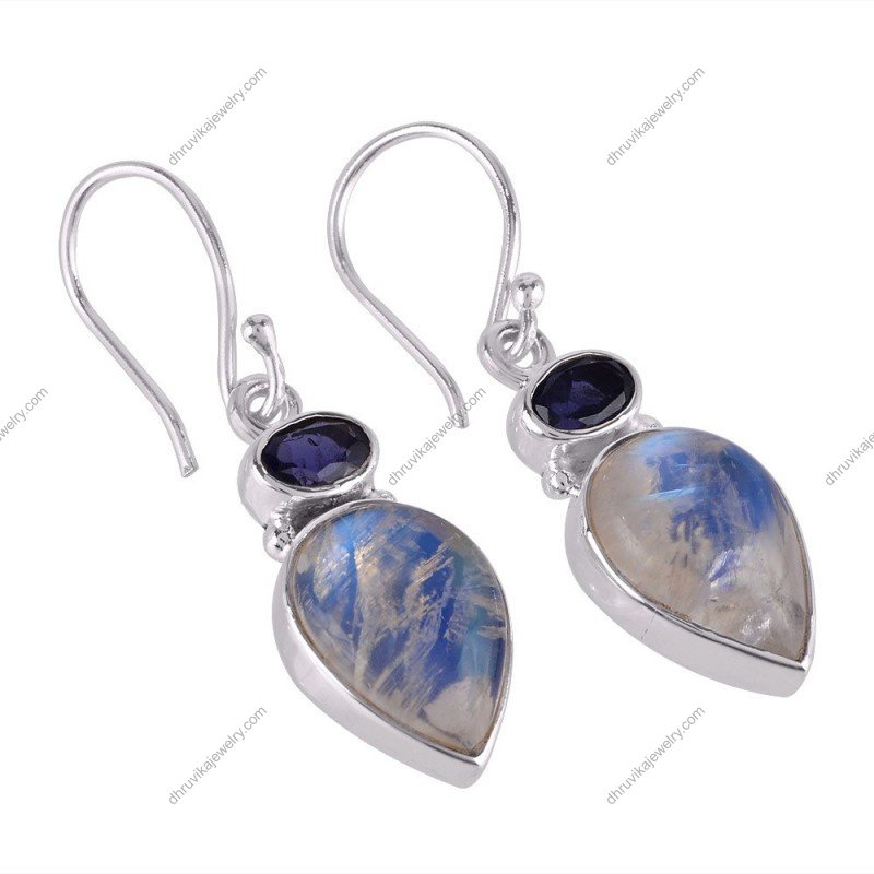 Iolite and Rainbow Moonstone dangle earrings in sterling silver alternate image
