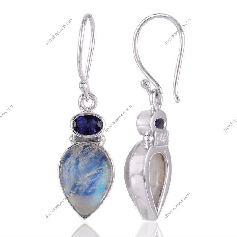 Iolite and Rainbow Moonstone dangle earrings in sterling silver view1