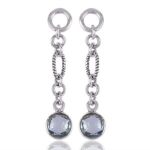 Silver dangle earrings with blue gemstones and intricate chain-link design main view