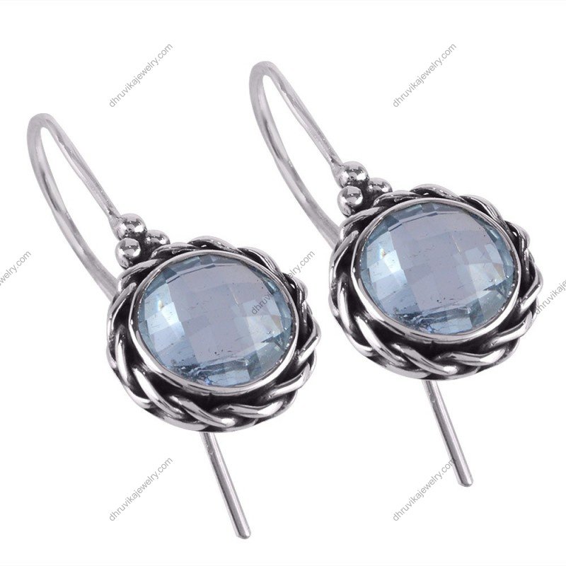 Sterling silver blue topaz drop earrings with twisted silver frame, handcrafted gemstone jewelry. alternate image