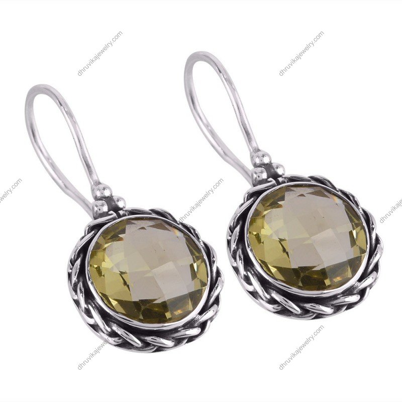 Lemon quartz dangle earrings in sterling silver with twisted silver detailing alternate image