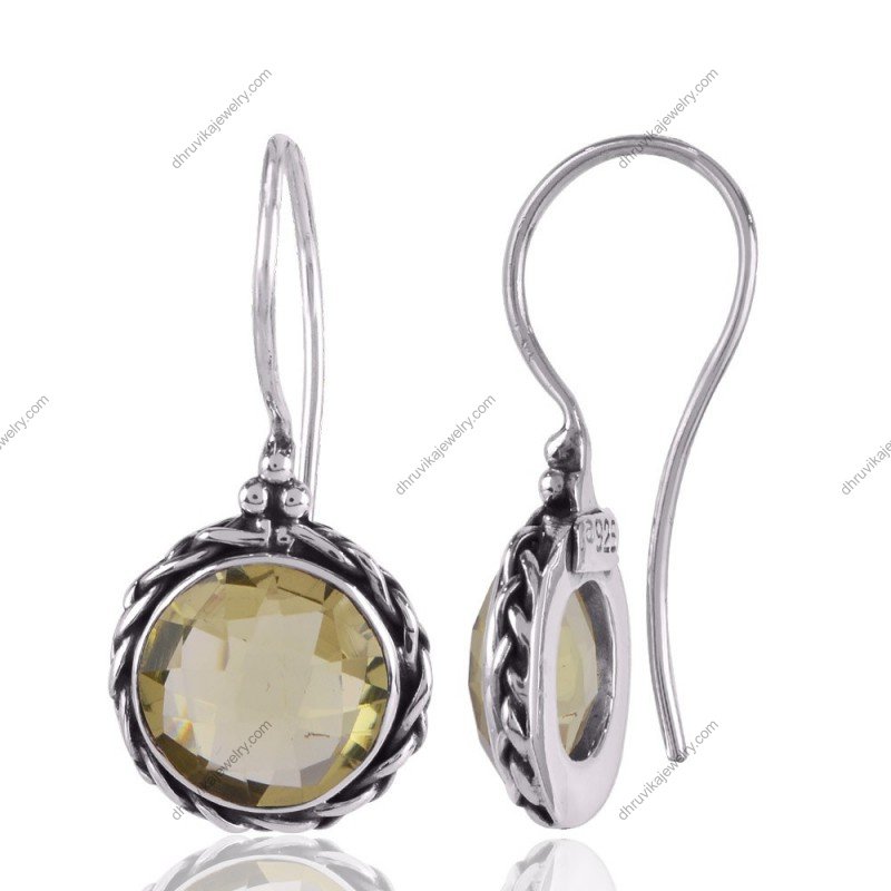 Lemon quartz dangle earrings in sterling silver with twisted silver detailing view1
