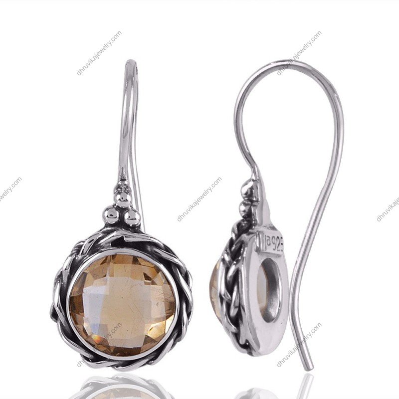 Silver citrine drop earrings with faceted gemstone in sterling silver setting view1