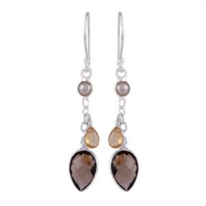 Elegant silver smoky quartz dangle earrings with citrine and agate gemstones in a sterling silver setting main view