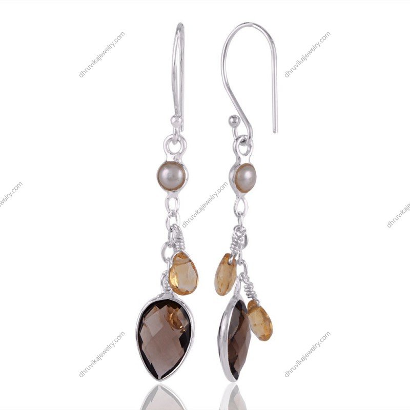 Elegant silver smoky quartz dangle earrings with citrine and agate gemstones in a sterling silver setting view1