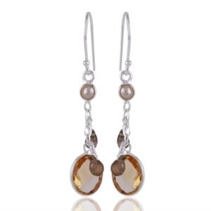 Silver dangle earrings with smoky quartz and citrine gemstones in sterling silver design main view