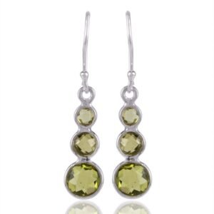 Sterling silver peridot dangle earrings with round green gemstones main view