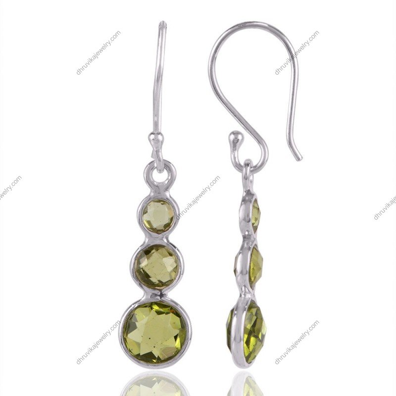 Sterling silver peridot dangle earrings with round green gemstones view1