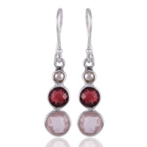 Sterling silver garnet & rose quartz dangle earrings with pearl accent, handmade elegance main view