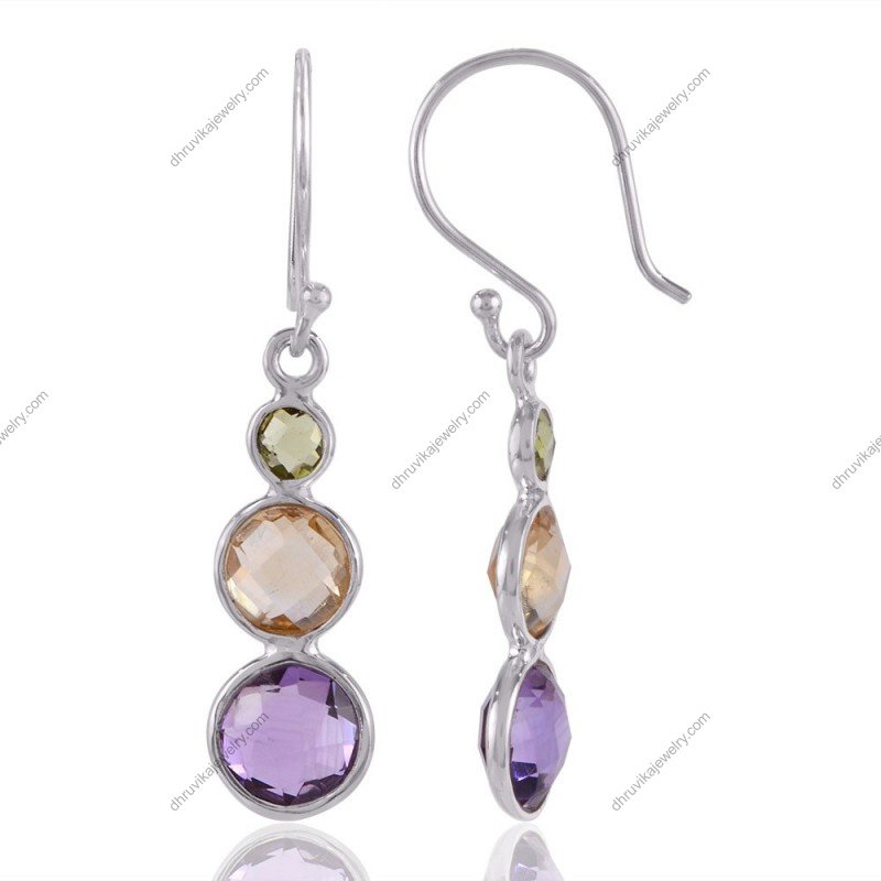 Sterling silver multi-gemstone dangle earrings with amethyst, citrine, and peridot view1