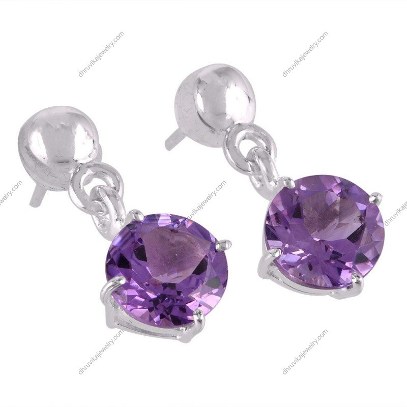Sterling silver amethyst dangle earrings with round-cut gemstones alternate image
