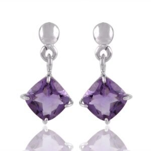 Silver amethyst drop earrings with cushion-cut purple gemstones in sterling silver setting main view