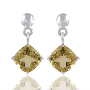 Lemon quartz earrings in sterling silver, cushion-cut gemstone dangle earrings main view