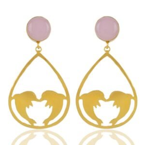 Gold-plated silver earrings with rose quartz and lovebird design, elegant handcrafted drop earrings main view