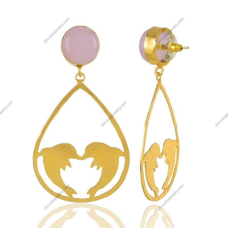Gold-plated silver earrings with rose quartz and lovebird design, elegant handcrafted drop earrings view1