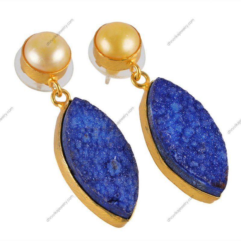 Silver druzy and pearl drop earrings with sterling silver setting alternate image