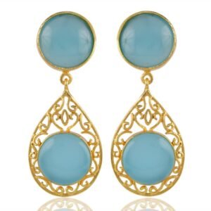 Aqua chalcedony drop earrings with gold filigree detailing, elegant gemstone jewelry main view