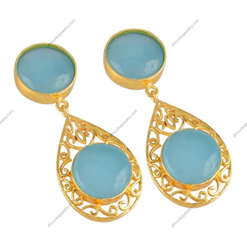 Aqua chalcedony drop earrings with gold filigree detailing, elegant gemstone jewelry alternate image