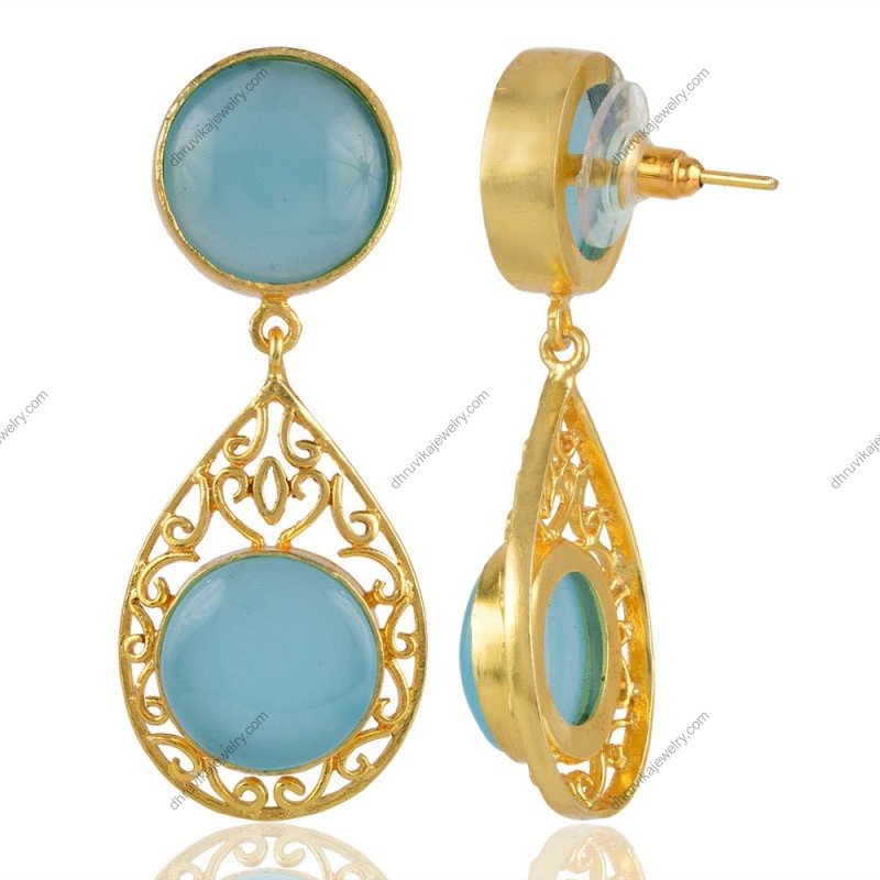 Aqua chalcedony drop earrings with gold filigree detailing, elegant gemstone jewelry view1