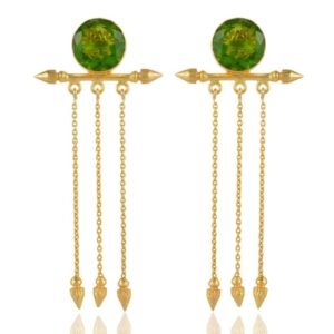 Gold-plated green gemstone dangle earrings with tassel chains, elegant statement jewelry main view