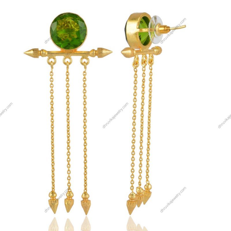 Gold-plated green gemstone dangle earrings with tassel chains, elegant statement jewelry alternate image
