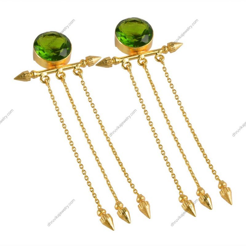 Gold-plated green gemstone dangle earrings with tassel chains, elegant statement jewelry view1