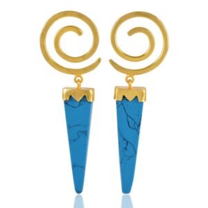 Gold-plated spiral earrings with turquoise dagger-shaped stones, bold statement jewelry main view