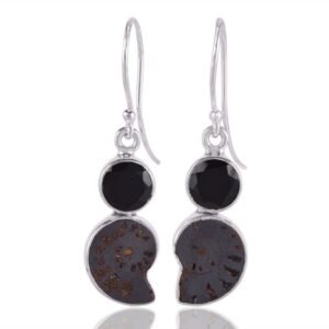 Silver fossil and black onyx dangle earrings in sterling silver setting main view